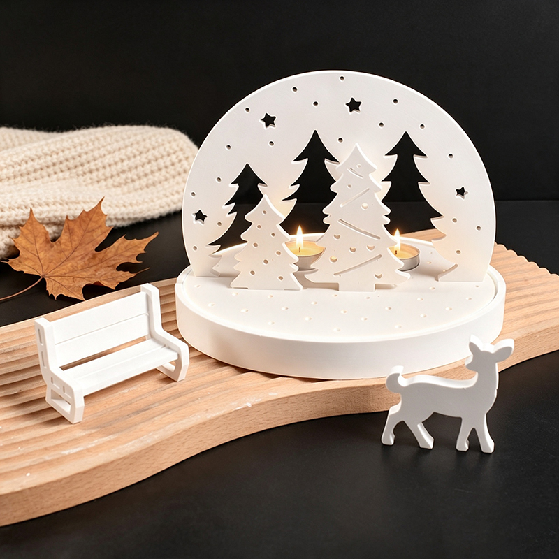 Candle Making Moulds - クリスマスエルクティーライトキャンドルホルダーシリコンモールド、3Dレジンプラスタートレイモールドキット、DIY冬景色ランプベースクラフトツールセット