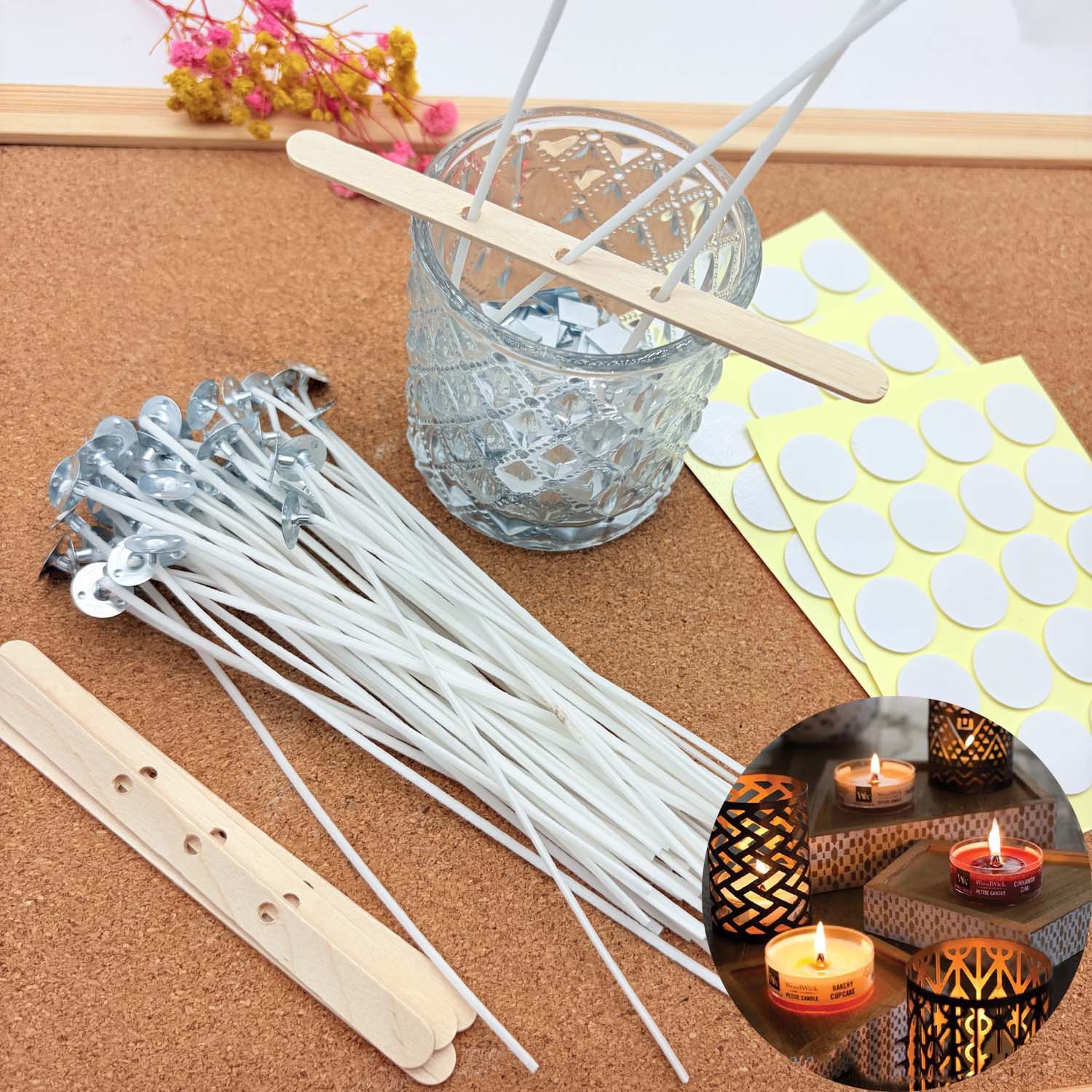 Candle Making Workshop - 1セットのキャンドル作りDIYキット、無煙キャンドル、綿芯、金属製サステナータブ付きワックスコート芯、キャンドルDIY作成用木製ホルダー