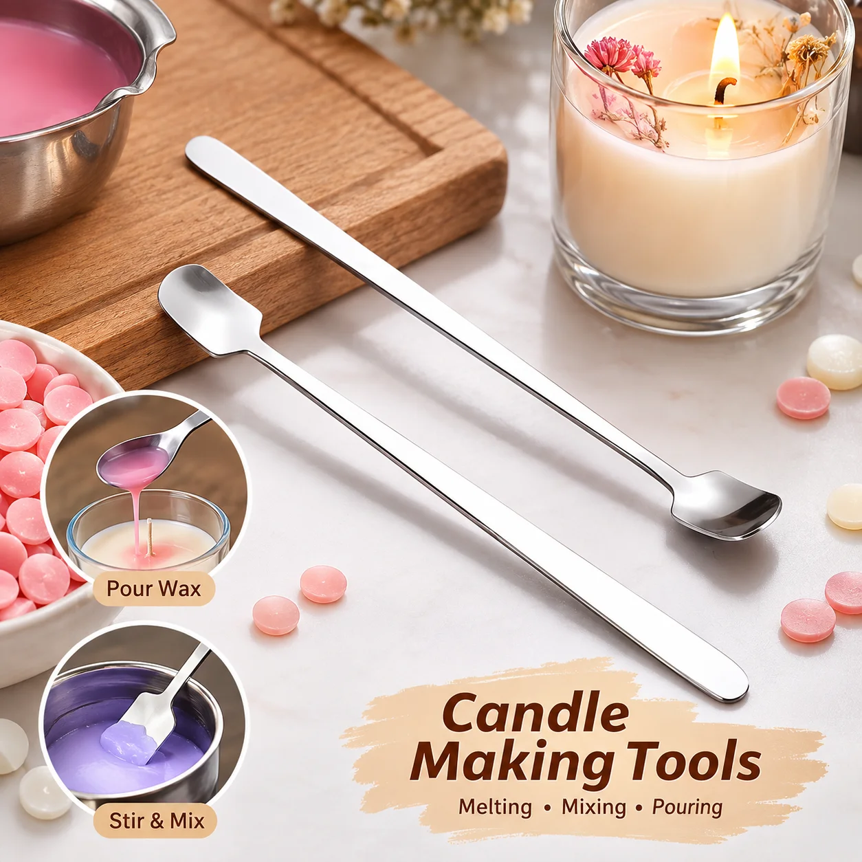 Candle Making Workshop - 1/2個 ステンレス製キャンドル製造用スプーンセット 長柄 ワックス溶解・攪拌・混合・注型ツール DIYキャンドルクラフト用品