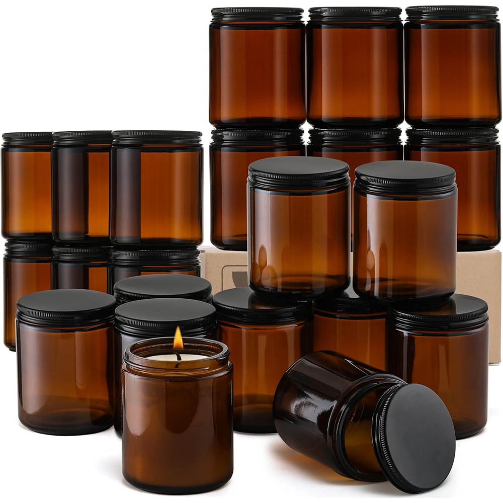 8オンスの琥珀色ガラス瓶（黒蓋付き）- キャンドル作り、食品 - Candle Making Vessels のレビューと価格