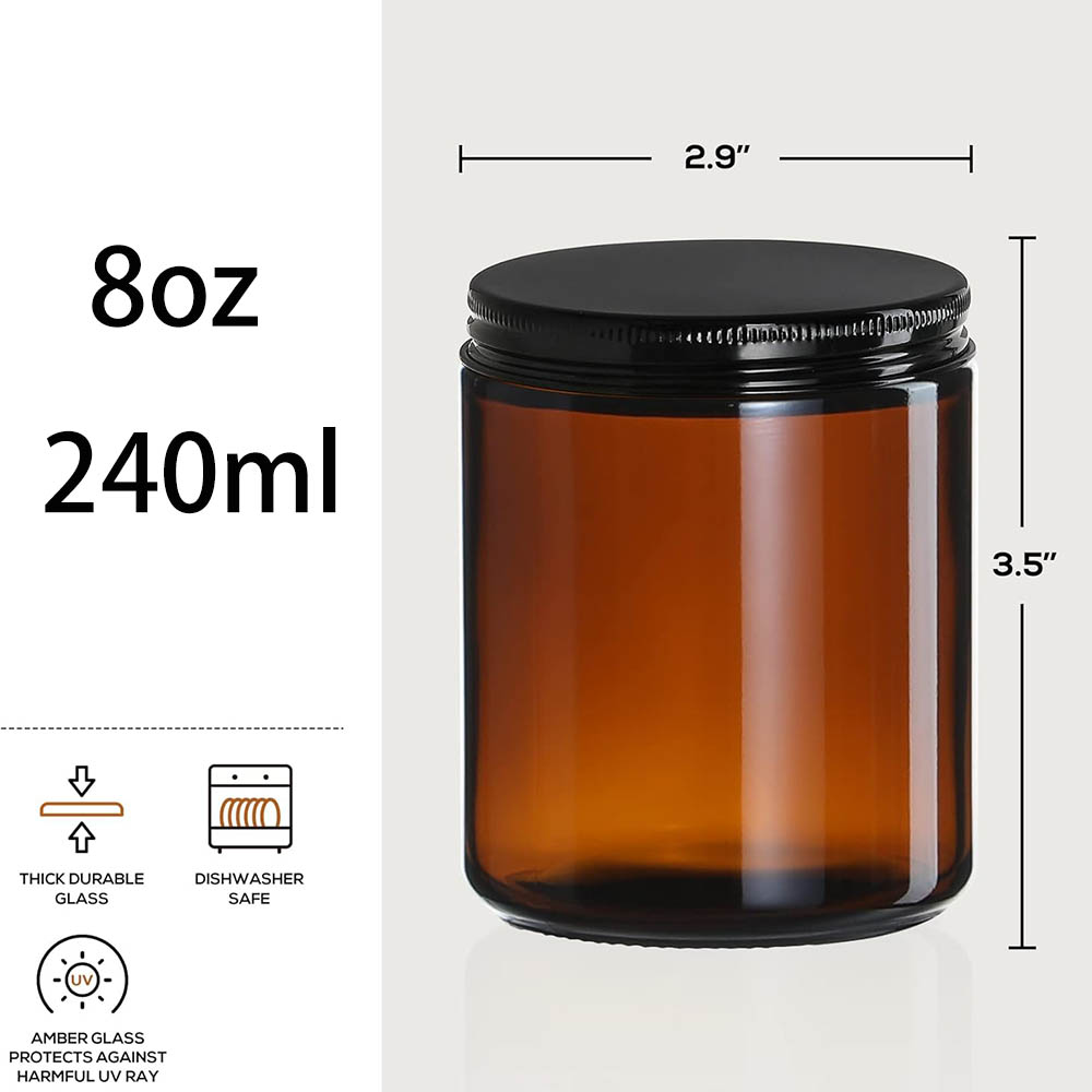 8オンスの琥珀色ガラス瓶（黒蓋付き）- キャンドル作り、食品 - Candle Making Vessels のレビューと価格