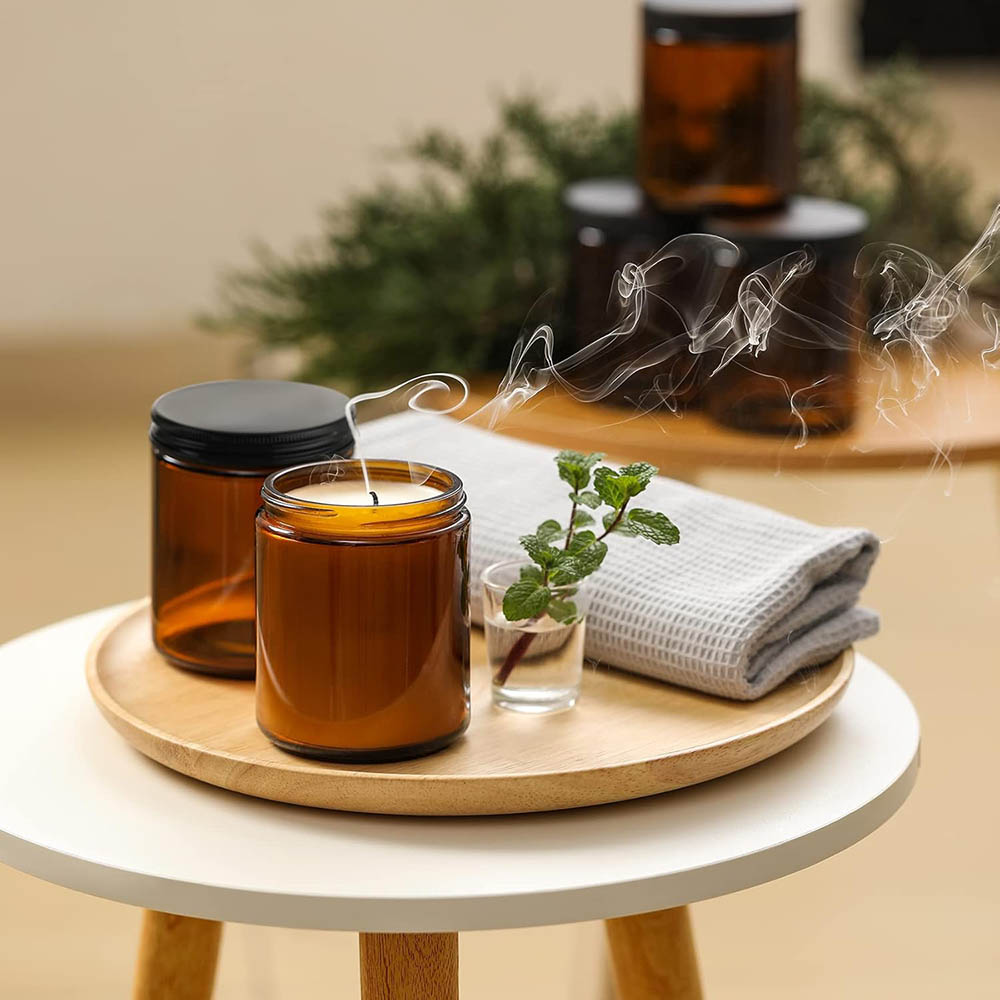 8オンスの琥珀色ガラス瓶（黒蓋付き）- キャンドル作り、食品 - Candle Making Vessels のレビューと価格
